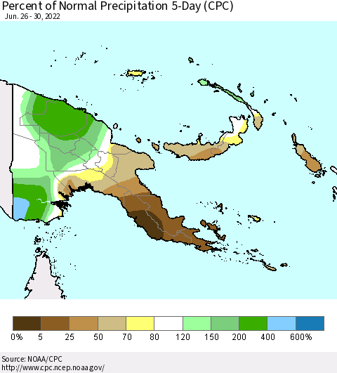 Papua New Guinea Percent of Normal Precipitation 5-Day (CPC) Thematic Map For 6/26/2022 - 6/30/2022