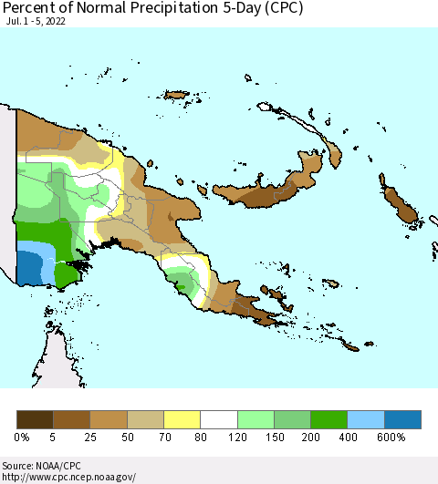 Papua New Guinea Percent of Normal Precipitation 5-Day (CPC) Thematic Map For 7/1/2022 - 7/5/2022