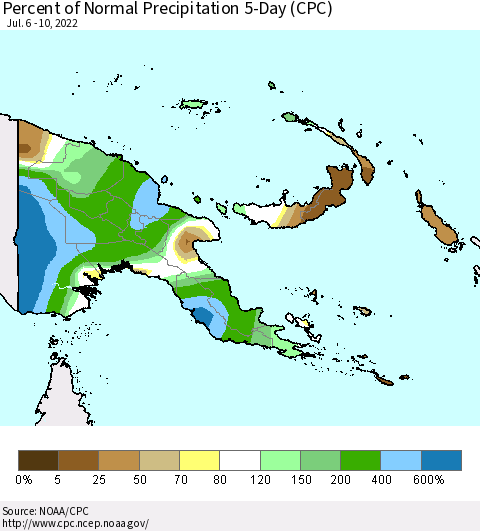 Papua New Guinea Percent of Normal Precipitation 5-Day (CPC) Thematic Map For 7/6/2022 - 7/10/2022