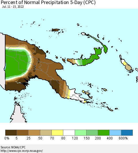Papua New Guinea Percent of Normal Precipitation 5-Day (CPC) Thematic Map For 7/11/2022 - 7/15/2022