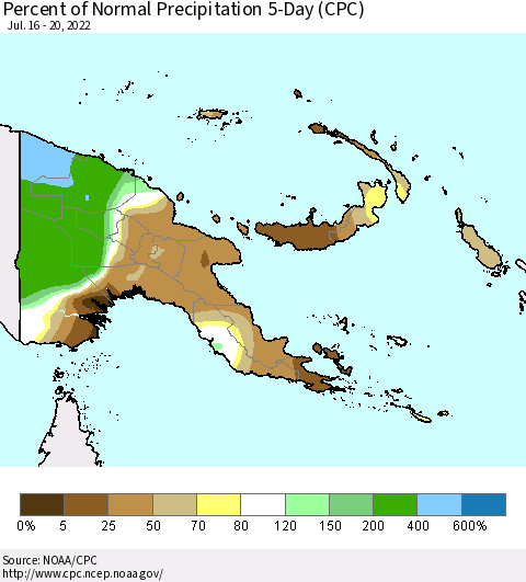 Papua New Guinea Percent of Normal Precipitation 5-Day (CPC) Thematic Map For 7/16/2022 - 7/20/2022