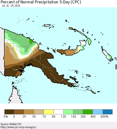 Papua New Guinea Percent of Normal Precipitation 5-Day (CPC) Thematic Map For 7/21/2022 - 7/25/2022