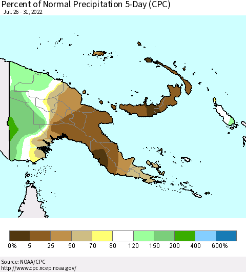 Papua New Guinea Percent of Normal Precipitation 5-Day (CPC) Thematic Map For 7/26/2022 - 7/31/2022