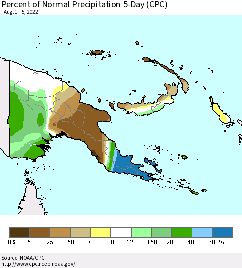 Papua New Guinea Percent of Normal Precipitation 5-Day (CPC) Thematic Map For 8/1/2022 - 8/5/2022