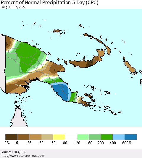 Papua New Guinea Percent of Normal Precipitation 5-Day (CPC) Thematic Map For 8/11/2022 - 8/15/2022