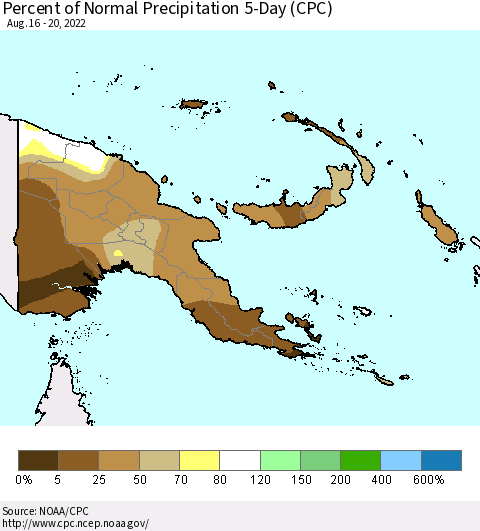 Papua New Guinea Percent of Normal Precipitation 5-Day (CPC) Thematic Map For 8/16/2022 - 8/20/2022