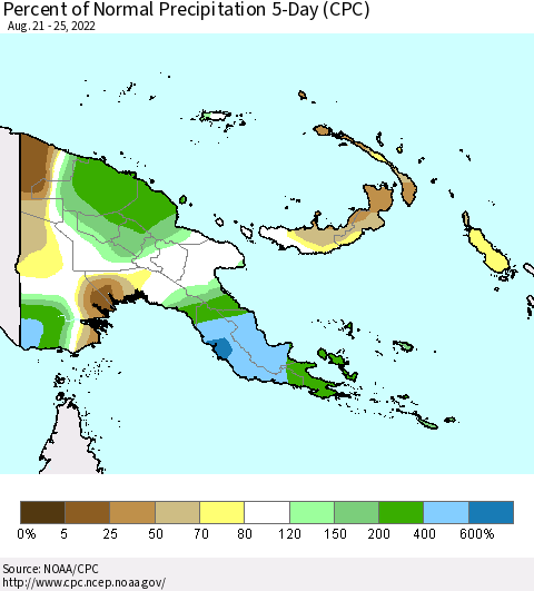 Papua New Guinea Percent of Normal Precipitation 5-Day (CPC) Thematic Map For 8/21/2022 - 8/25/2022