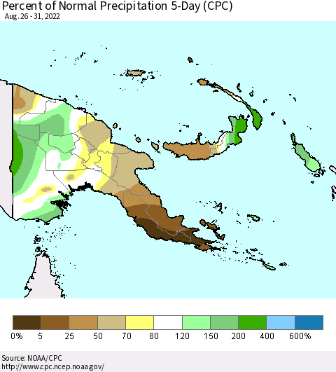 Papua New Guinea Percent of Normal Precipitation 5-Day (CPC) Thematic Map For 8/26/2022 - 8/31/2022