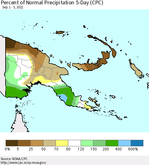 Papua New Guinea Percent of Normal Precipitation 5-Day (CPC) Thematic Map For 9/1/2022 - 9/5/2022