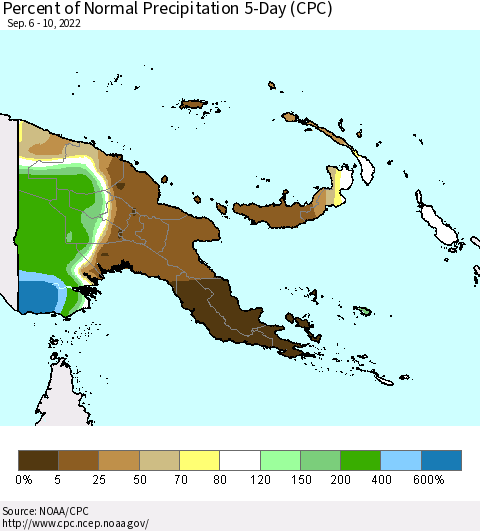 Papua New Guinea Percent of Normal Precipitation 5-Day (CPC) Thematic Map For 9/6/2022 - 9/10/2022