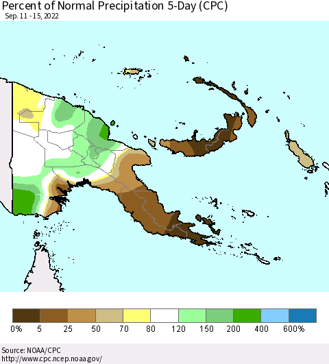 Papua New Guinea Percent of Normal Precipitation 5-Day (CPC) Thematic Map For 9/11/2022 - 9/15/2022