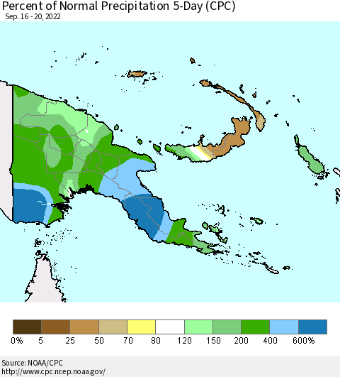 Papua New Guinea Percent of Normal Precipitation 5-Day (CPC) Thematic Map For 9/16/2022 - 9/20/2022