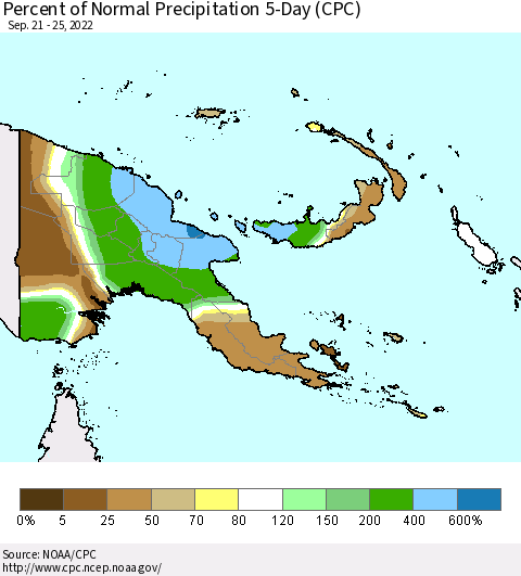 Papua New Guinea Percent of Normal Precipitation 5-Day (CPC) Thematic Map For 9/21/2022 - 9/25/2022