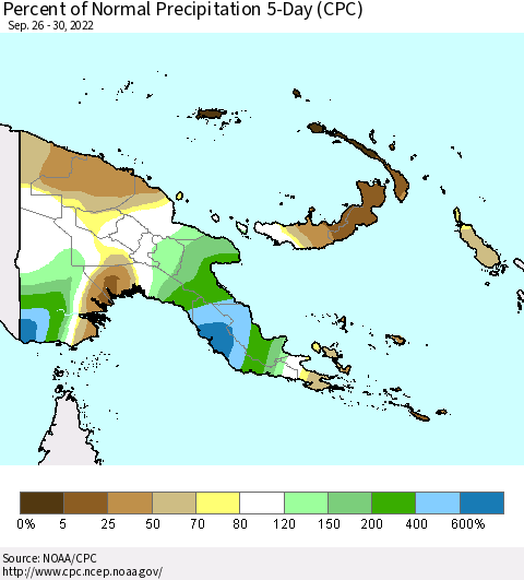 Papua New Guinea Percent of Normal Precipitation 5-Day (CPC) Thematic Map For 9/26/2022 - 9/30/2022