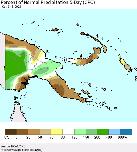Papua New Guinea Percent of Normal Precipitation 5-Day (CPC) Thematic Map For 10/1/2022 - 10/5/2022