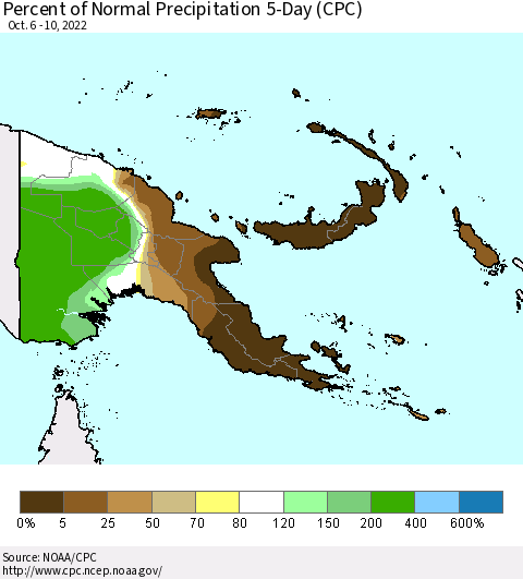 Papua New Guinea Percent of Normal Precipitation 5-Day (CPC) Thematic Map For 10/6/2022 - 10/10/2022