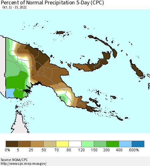 Papua New Guinea Percent of Normal Precipitation 5-Day (CPC) Thematic Map For 10/11/2022 - 10/15/2022