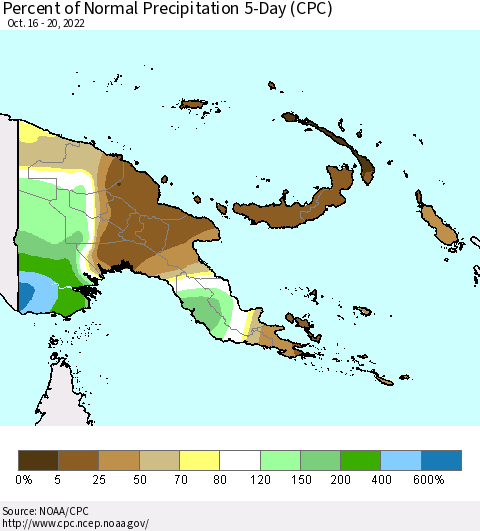 Papua New Guinea Percent of Normal Precipitation 5-Day (CPC) Thematic Map For 10/16/2022 - 10/20/2022
