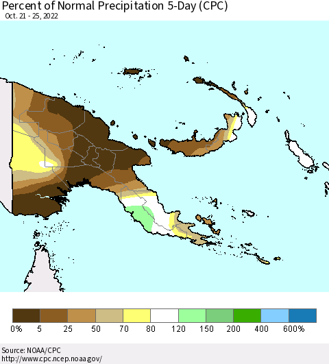 Papua New Guinea Percent of Normal Precipitation 5-Day (CPC) Thematic Map For 10/21/2022 - 10/25/2022