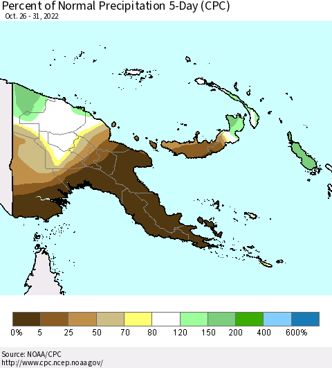 Papua New Guinea Percent of Normal Precipitation 5-Day (CPC) Thematic Map For 10/26/2022 - 10/31/2022