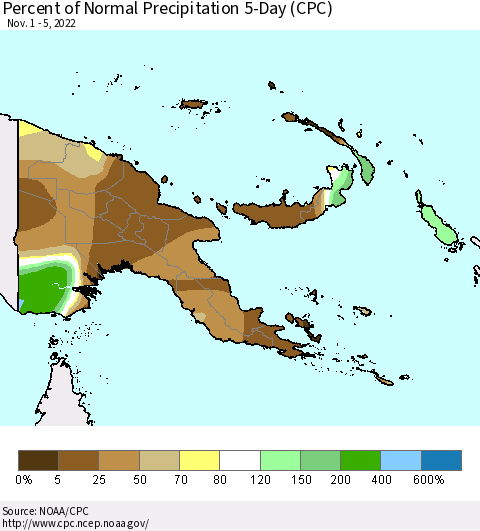 Papua New Guinea Percent of Normal Precipitation 5-Day (CPC) Thematic Map For 11/1/2022 - 11/5/2022