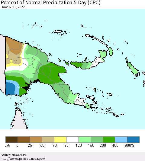 Papua New Guinea Percent of Normal Precipitation 5-Day (CPC) Thematic Map For 11/6/2022 - 11/10/2022