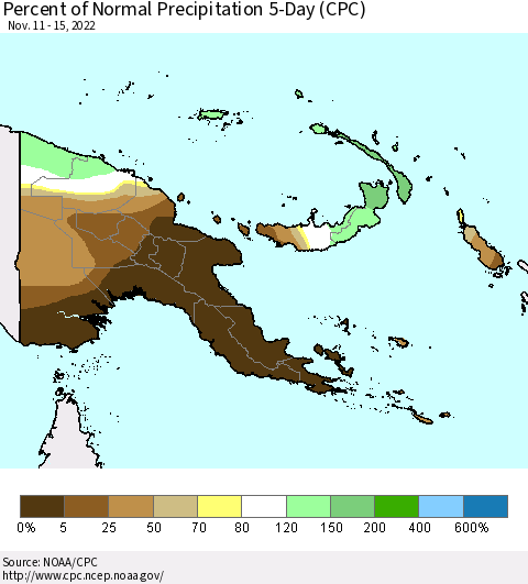 Papua New Guinea Percent of Normal Precipitation 5-Day (CPC) Thematic Map For 11/11/2022 - 11/15/2022