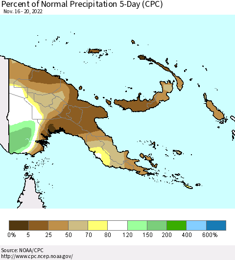 Papua New Guinea Percent of Normal Precipitation 5-Day (CPC) Thematic Map For 11/16/2022 - 11/20/2022