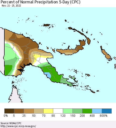 Papua New Guinea Percent of Normal Precipitation 5-Day (CPC) Thematic Map For 11/21/2022 - 11/25/2022