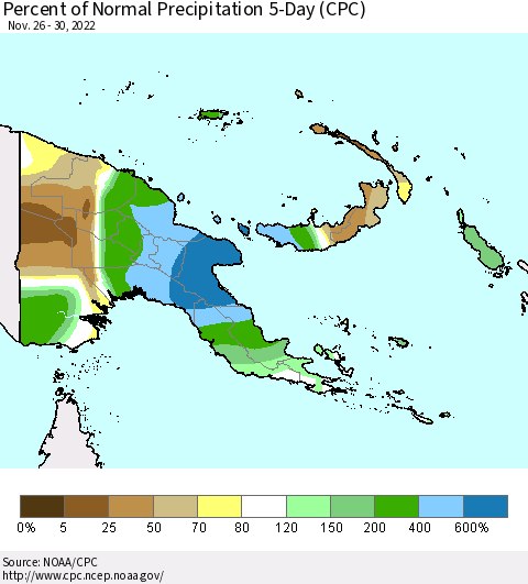 Papua New Guinea Percent of Normal Precipitation 5-Day (CPC) Thematic Map For 11/26/2022 - 11/30/2022