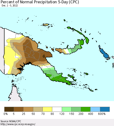 Papua New Guinea Percent of Normal Precipitation 5-Day (CPC) Thematic Map For 12/1/2022 - 12/5/2022