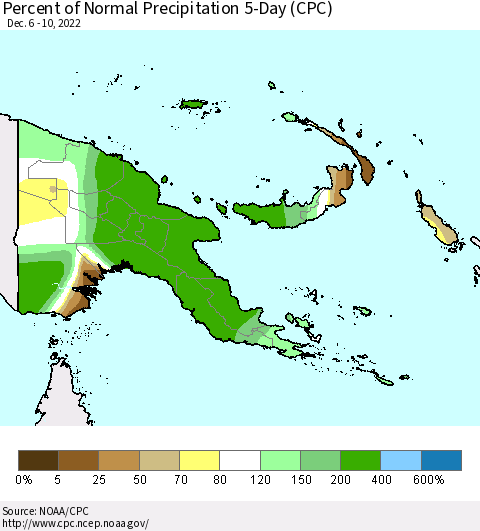 Papua New Guinea Percent of Normal Precipitation 5-Day (CPC) Thematic Map For 12/6/2022 - 12/10/2022
