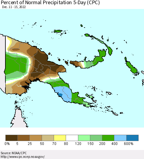 Papua New Guinea Percent of Normal Precipitation 5-Day (CPC) Thematic Map For 12/11/2022 - 12/15/2022
