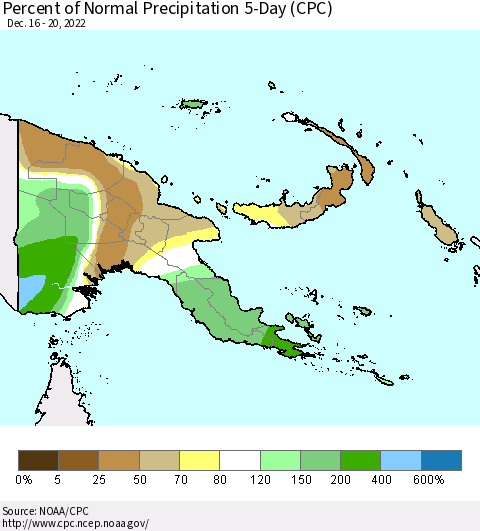 Papua New Guinea Percent of Normal Precipitation 5-Day (CPC) Thematic Map For 12/16/2022 - 12/20/2022