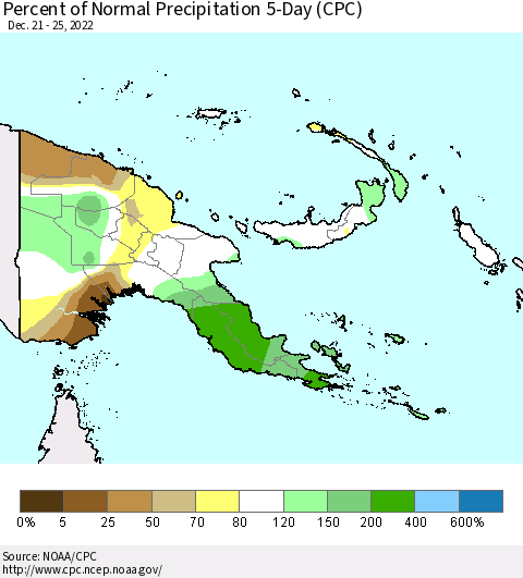 Papua New Guinea Percent of Normal Precipitation 5-Day (CPC) Thematic Map For 12/21/2022 - 12/25/2022