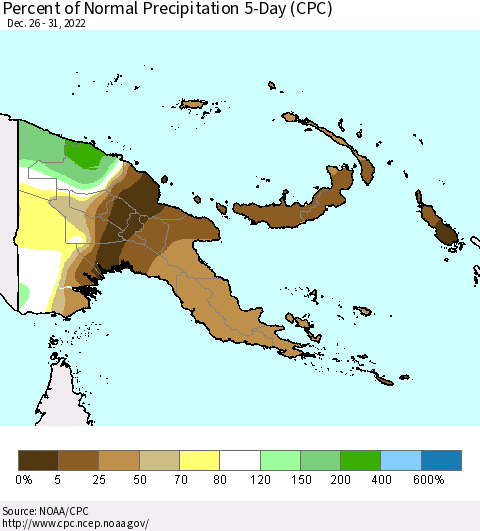 Papua New Guinea Percent of Normal Precipitation 5-Day (CPC) Thematic Map For 12/26/2022 - 12/31/2022