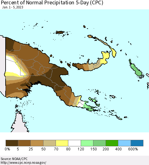 Papua New Guinea Percent of Normal Precipitation 5-Day (CPC) Thematic Map For 1/1/2023 - 1/5/2023