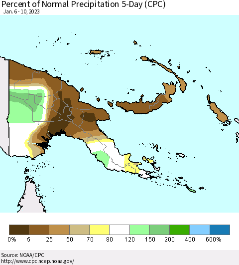 Papua New Guinea Percent of Normal Precipitation 5-Day (CPC) Thematic Map For 1/6/2023 - 1/10/2023
