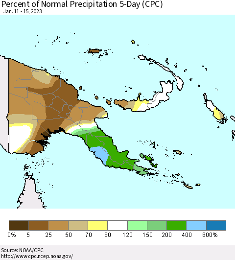 Papua New Guinea Percent of Normal Precipitation 5-Day (CPC) Thematic Map For 1/11/2023 - 1/15/2023