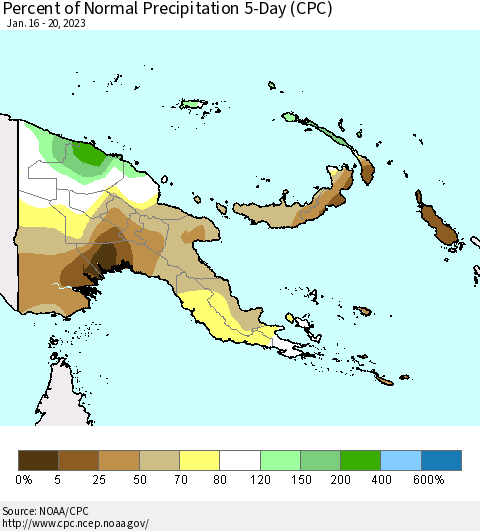 Papua New Guinea Percent of Normal Precipitation 5-Day (CPC) Thematic Map For 1/16/2023 - 1/20/2023