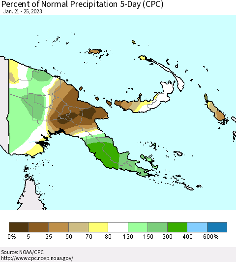 Papua New Guinea Percent of Normal Precipitation 5-Day (CPC) Thematic Map For 1/21/2023 - 1/25/2023