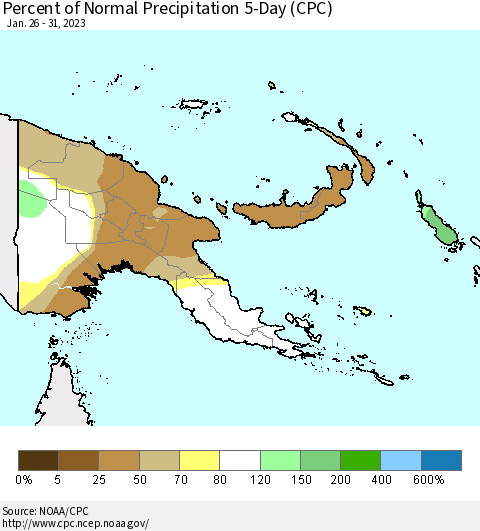 Papua New Guinea Percent of Normal Precipitation 5-Day (CPC) Thematic Map For 1/26/2023 - 1/31/2023