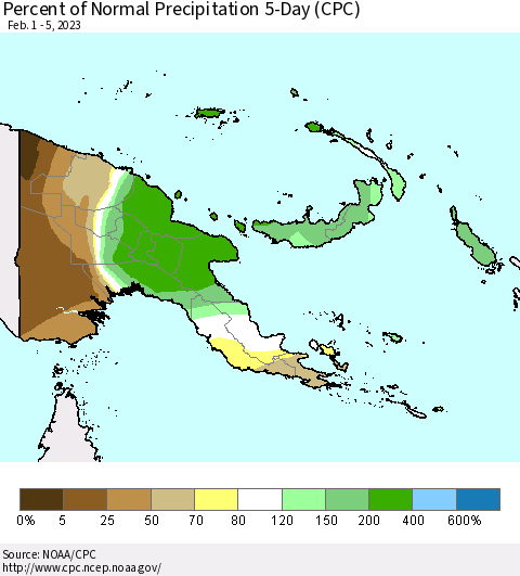 Papua New Guinea Percent of Normal Precipitation 5-Day (CPC) Thematic Map For 2/1/2023 - 2/5/2023