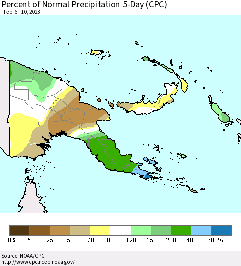 Papua New Guinea Percent of Normal Precipitation 5-Day (CPC) Thematic Map For 2/6/2023 - 2/10/2023