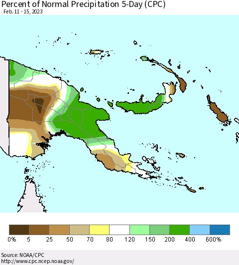 Papua New Guinea Percent of Normal Precipitation 5-Day (CPC) Thematic Map For 2/11/2023 - 2/15/2023