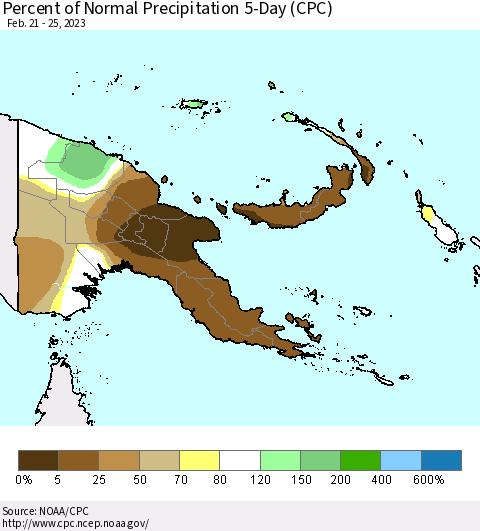 Papua New Guinea Percent of Normal Precipitation 5-Day (CPC) Thematic Map For 2/21/2023 - 2/25/2023