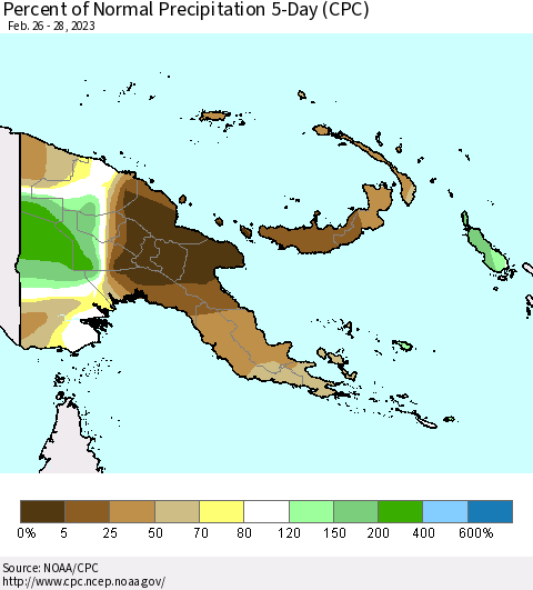 Papua New Guinea Percent of Normal Precipitation 5-Day (CPC) Thematic Map For 2/26/2023 - 2/28/2023
