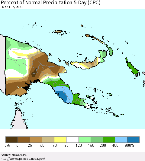 Papua New Guinea Percent of Normal Precipitation 5-Day (CPC) Thematic Map For 3/1/2023 - 3/5/2023
