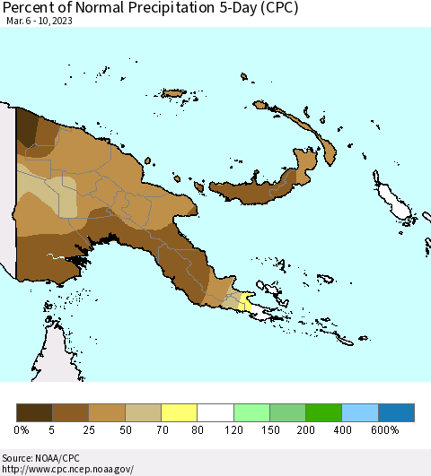 Papua New Guinea Percent of Normal Precipitation 5-Day (CPC) Thematic Map For 3/6/2023 - 3/10/2023