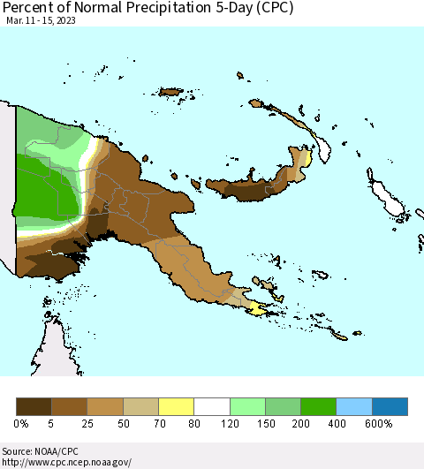 Papua New Guinea Percent of Normal Precipitation 5-Day (CPC) Thematic Map For 3/11/2023 - 3/15/2023